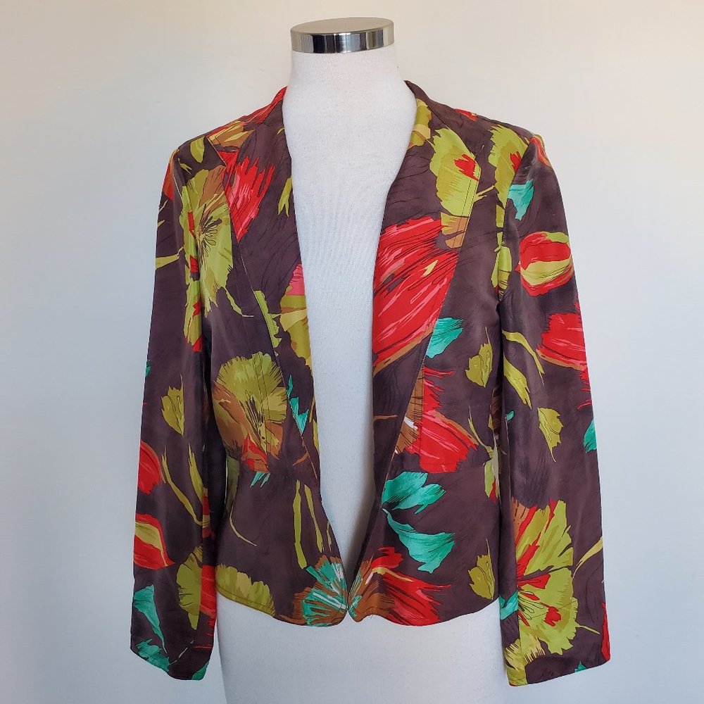 Coldwater Creek Open Front Brown Green Floral Silk Jacket Sz Petite Small PS SP